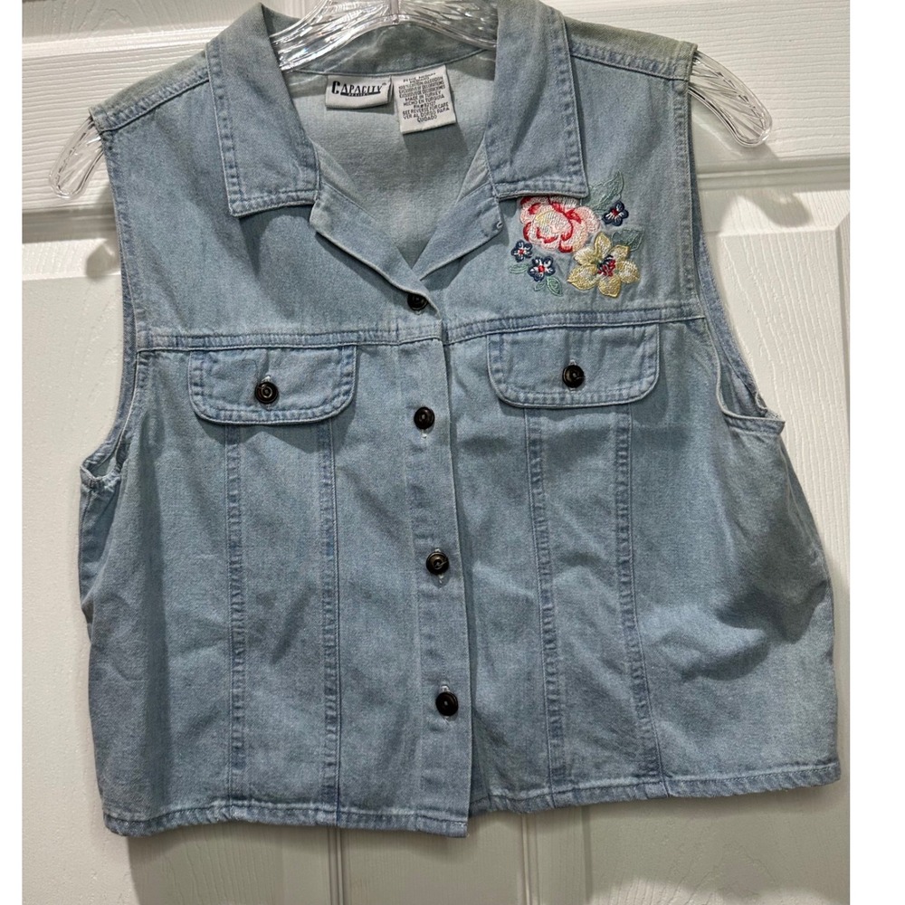 VTG Capacity Petites Denim Vest Floral‎ Embroidered Button Front Women's Medium